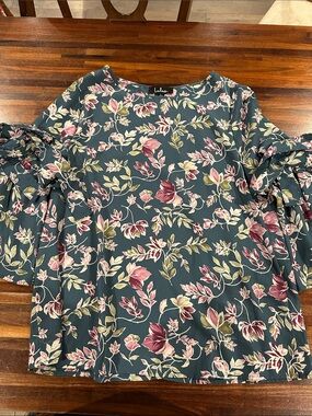 Lulu's Teal Floral Blouse with Pink and Cream Blooms